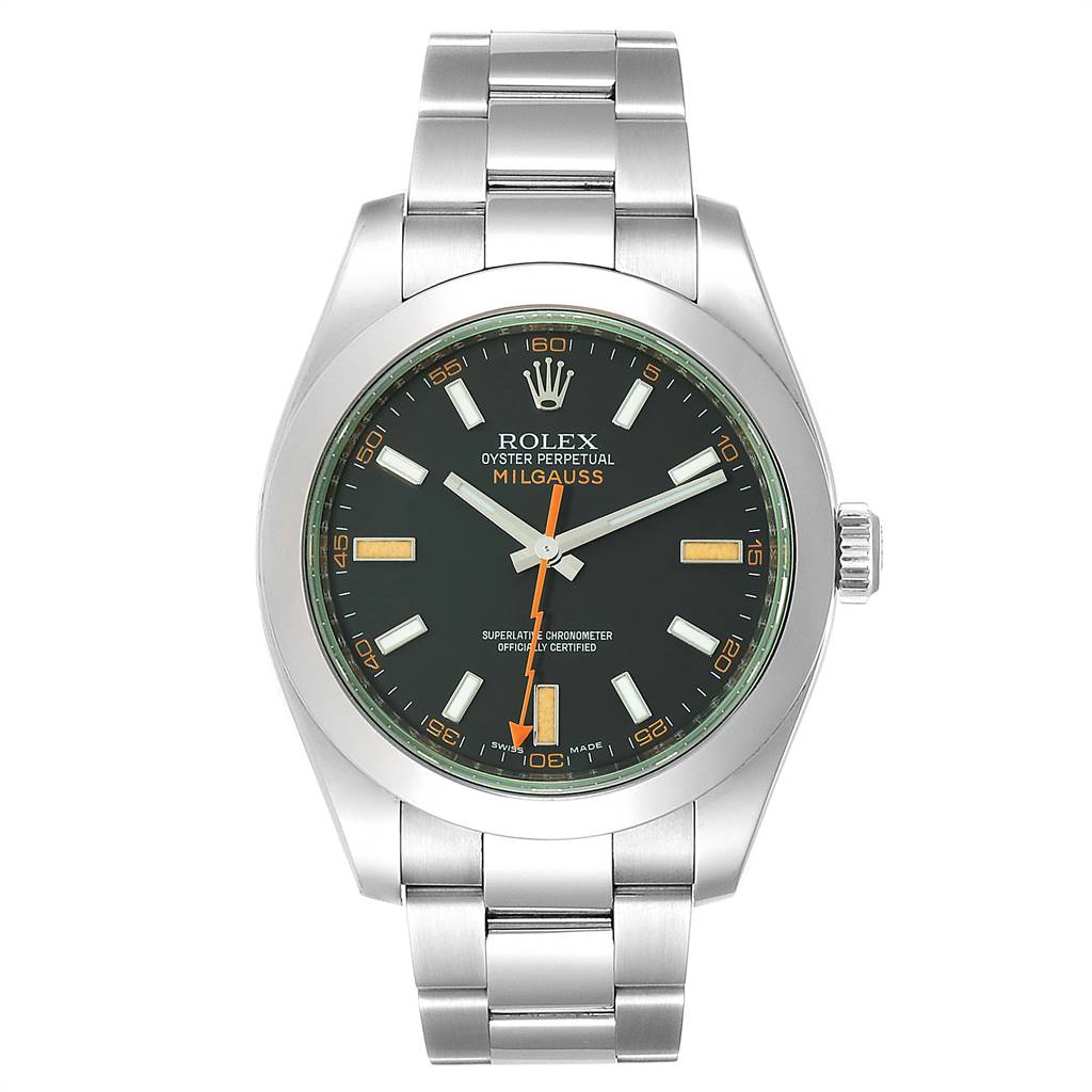 The image shows a Rolex Milgauss 116400GV Men's Stainless Steel Black Dial 116400GV Men's Stainless Steel Black Dial watch from a front view, highlighting the face, bezel, and bracelet.