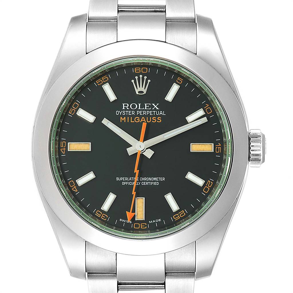 The image shows a front view of the Rolex Milgauss 116400GV Men's Stainless Steel Black Dial 116400GV Men's Stainless Steel Black Dial watch, displaying its face, dial, hands, and bracelet.