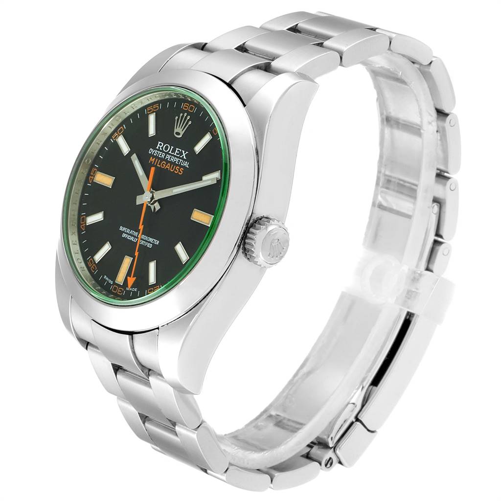 This image shows a side view of a Rolex Milgauss 116400GV Men's Stainless Steel Black Dial 116400GV Men's Stainless Steel Black Dial watch featuring its bracelet, case, and crown.