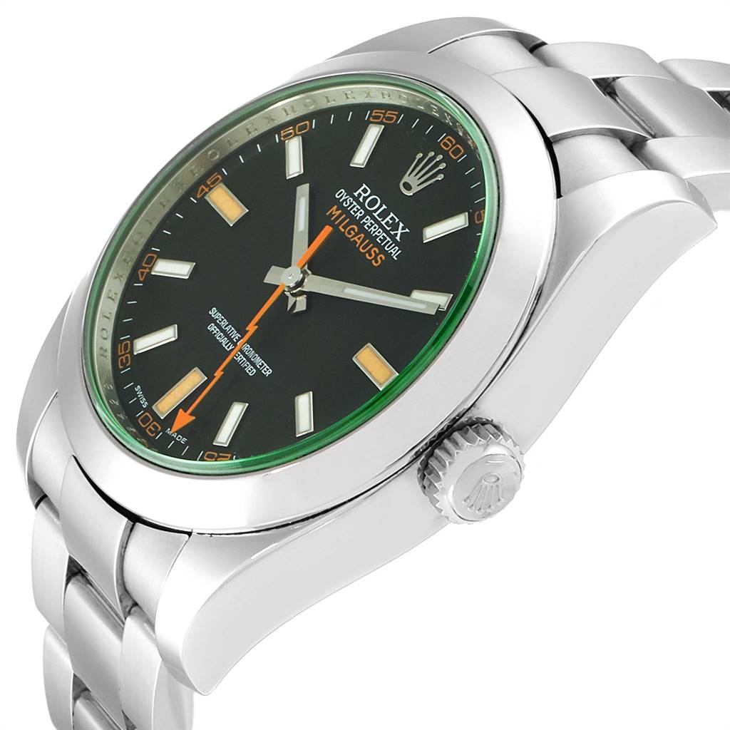 The image shows a side and slight top-angle view of a Rolex Milgauss 116400GV Men's Stainless Steel Black Dial 116400GV Men's Stainless Steel Black Dial watch, highlighting the bracelet, crown, and face.