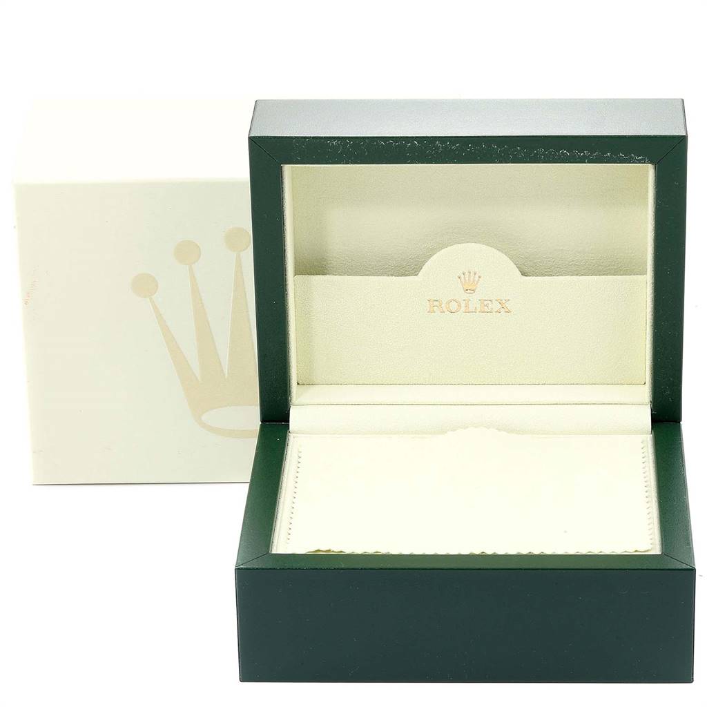 The image shows an empty green and beige Rolex Milgauss 116400V Men's Stainless Steel Black Dial 116400V Men's Stainless Steel Black Dial watch box, viewed from the front.