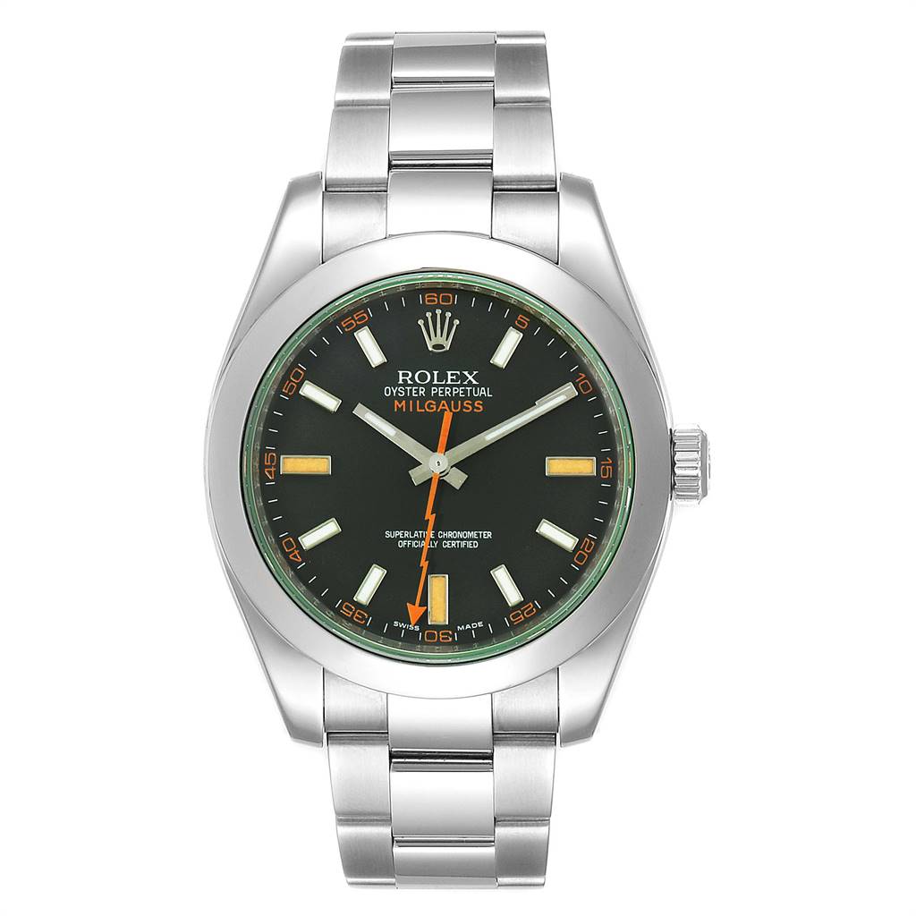 This image shows a front view of a Rolex Milgauss 116400V Men's Stainless Steel Black Dial 116400V Men's Stainless Steel Black Dial watch, highlighting its dial, hands, and bracelet.