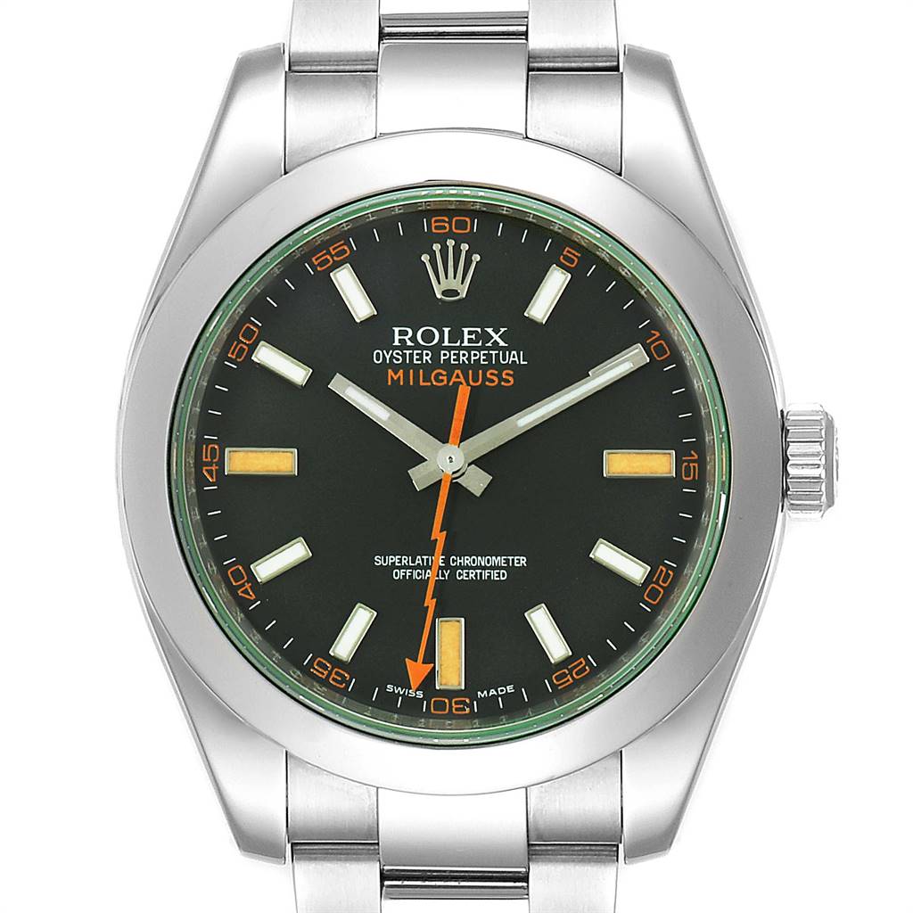 The image shows a front view of a Rolex Milgauss 116400V Men's Stainless Steel Black Dial 116400V Men's Stainless Steel Black Dial watch, displaying its face, hands, markers, crown, and part of its silver bracelet.