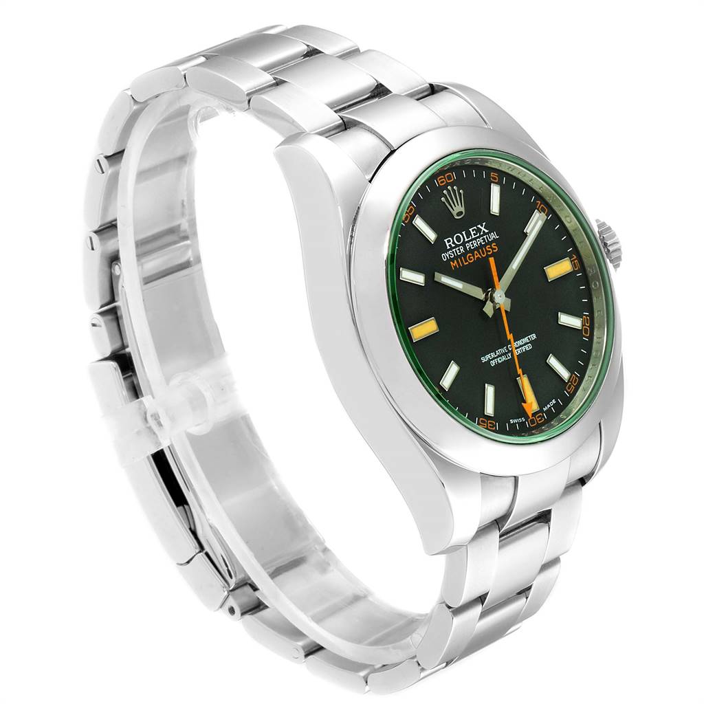 This image shows a side angle of a Rolex Milgauss 116400V Men's Stainless Steel Black Dial 116400V Men's Stainless Steel Black Dial watch, displaying its face, bezel, and bracelet.