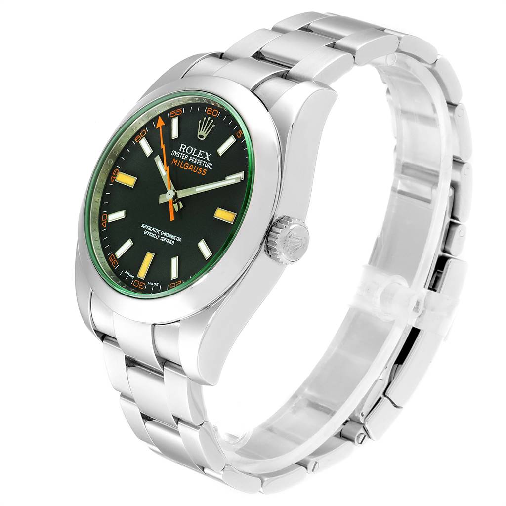 This image shows a side and angled view of a Rolex Milgauss 116400V Men's Stainless Steel Black Dial 116400V Men's Stainless Steel Black Dial watch, highlighting its face, bezel, crown, and bracelet.