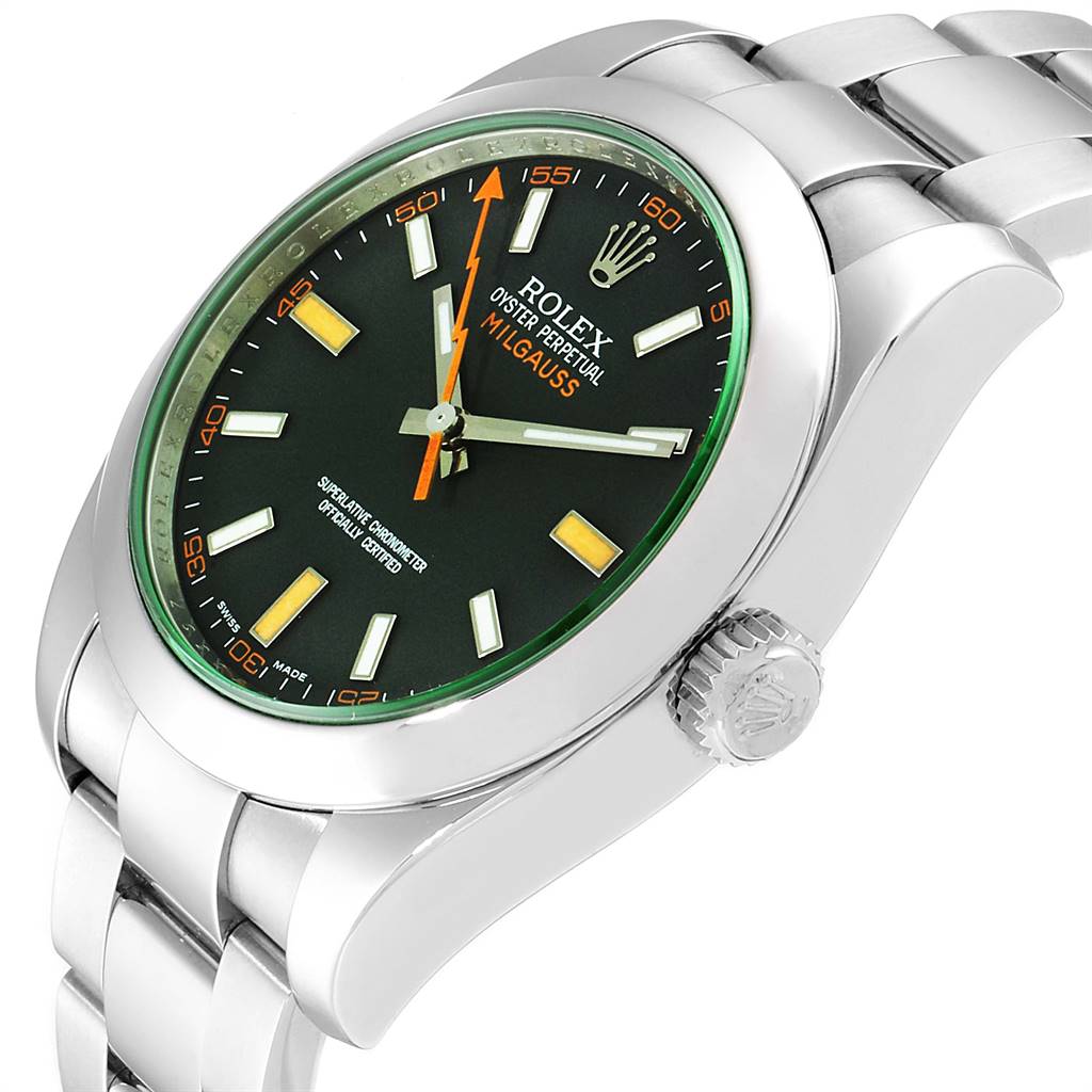 This Rolex Milgauss 116400V Men's Stainless Steel Black Dial 116400V Men's Stainless Steel Black Dial watch is shown from a front angle, highlighting its dial, case, crown, and part of the bracelet.