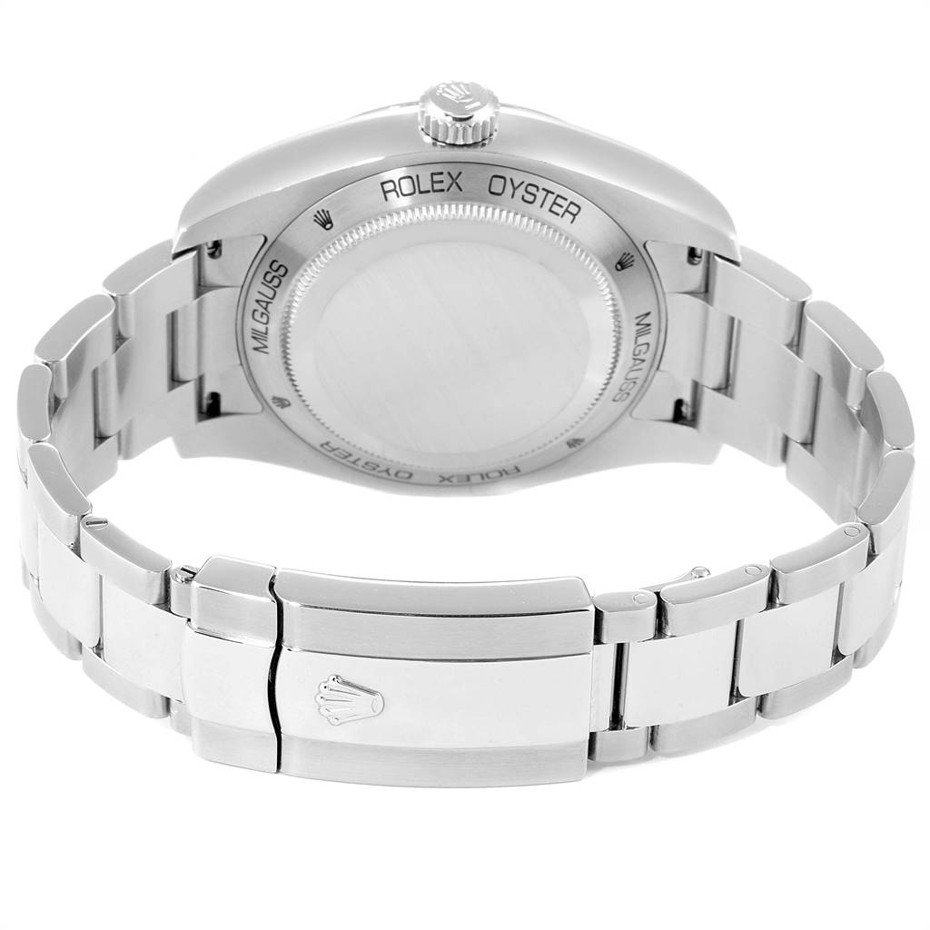 The image shows the back view of the Rolex Milgauss 116400V Men's Stainless Steel Black Dial 116400V Men's Stainless Steel Black Dial, highlighting the case back and bracelet with the clasp.