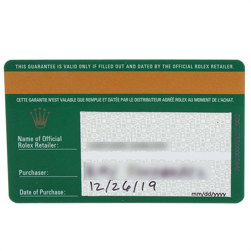 The image shows a warranty card for the Rolex Milgauss 116400V Men's Stainless Steel Black Dial 116400V Men's Stainless Steel Black Dial watch, detailing purchase and retailer information.