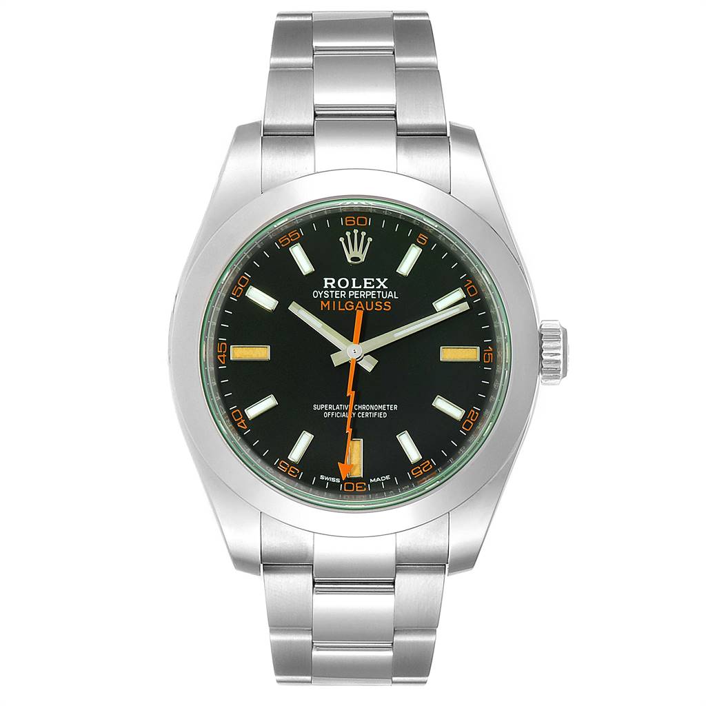 The image shows a frontal view of a Rolex Milgauss 116400V Men's Stainless Steel Black Dial 116400V Men's Stainless Steel Black Dial watch, highlighting the dial, crown, and bracelet.