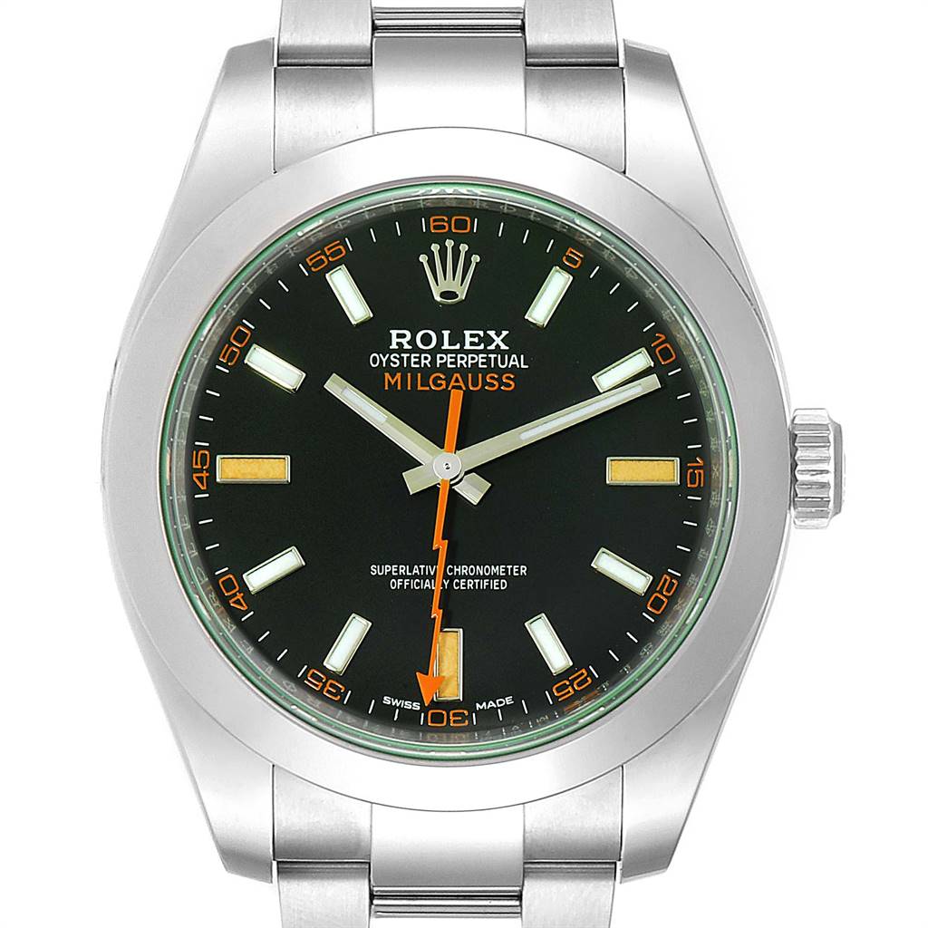 The image shows a front view of a Rolex Milgauss 116400V Men's Stainless Steel Black Dial 116400V Men's Stainless Steel Black Dial watch, highlighting the dial, hands, bezel, and part of the bracelet.