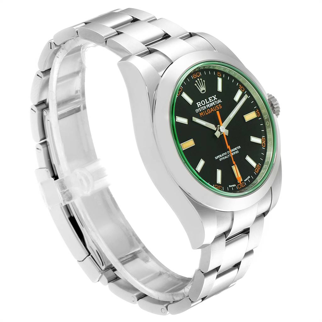 The image shows a side angle of a Rolex Milgauss 116400V Men's Stainless Steel Black Dial 116400V Men's Stainless Steel Black Dial watch with a stainless steel bracelet and a green-bordered black dial.