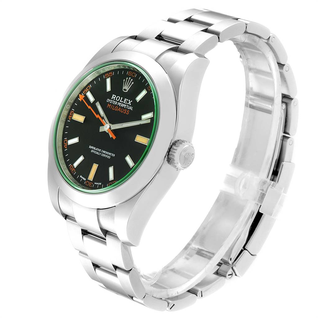 This image shows a side angle of the Rolex Milgauss 116400V Men's Stainless Steel Black Dial 116400V Men's Stainless Steel Black Dial watch, highlighting the face, crown, and bracelet.