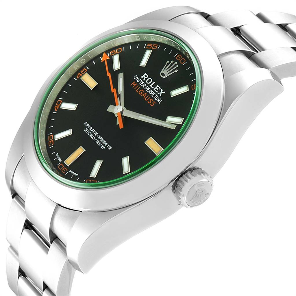 The image shows a side-angle view of the Rolex Milgauss 116400V Men's Stainless Steel Black Dial 116400V Men's Stainless Steel Black Dial watch, highlighting the dial, bezel, crown, and bracelet.