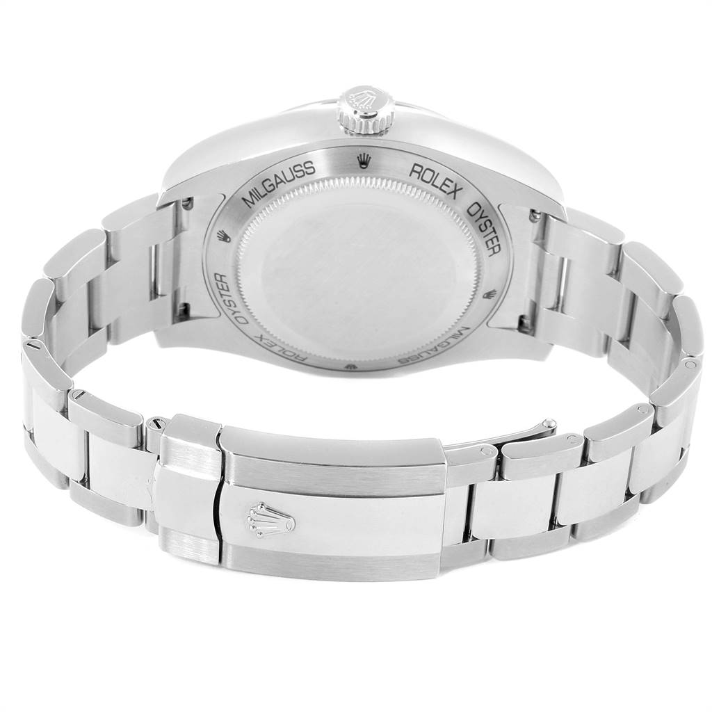 The image shows the back and bracelet of a Rolex Milgauss 116400V Men's Stainless Steel Black Dial 116400V Men's Stainless Steel Black Dial watch, highlighting the clasp and case back.