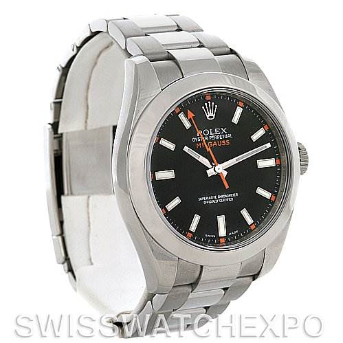 This image shows a front and side view of a Rolex Milgauss 116400BKSO Men's Stainless Steel Black Dial 116400BKSO Men's Stainless Steel Black Dial watch, highlighting the face, bezel, and part of the bracelet.