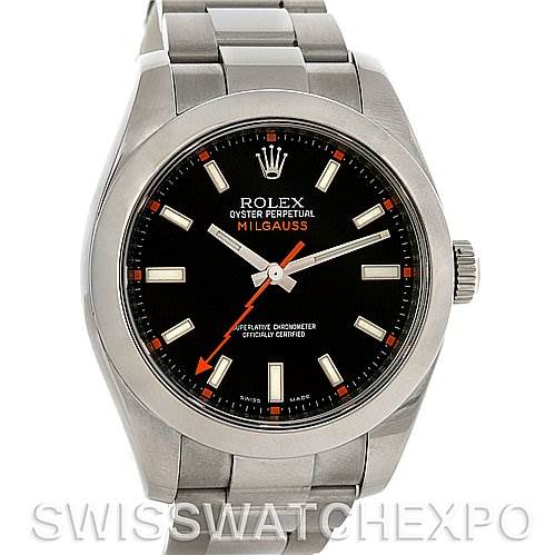 This image shows a front view of the Rolex Milgauss 116400BKSO Men's Stainless Steel Black Dial 116400BKSO Men's Stainless Steel Black Dial watch, highlighting the dial, case, bracelet, and crown.