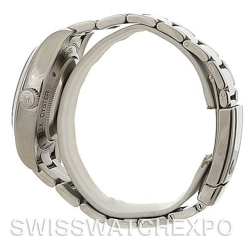 The image shows the side profile of a Rolex Milgauss 116400BKSO Men's Stainless Steel Black Dial 116400BKSO Men's Stainless Steel Black Dial watch, highlighting its case, bezel, and bracelet.