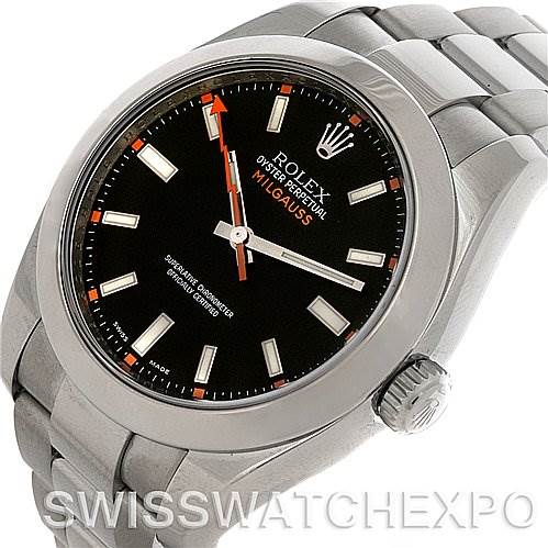 This image shows a Rolex Milgauss 116400BKSO Men's Stainless Steel Black Dial 116400BKSO Men's Stainless Steel Black Dial watch at a slight angle, highlighting its black dial, orange second hand, and stainless steel bracelet.