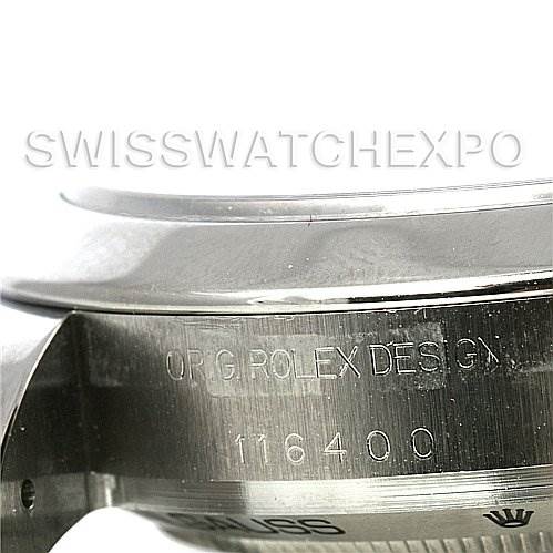This image shows a close-up of the side of a Rolex Milgauss 116400BKSO Men's Stainless Steel Black Dial 116400BKSO Men's Stainless Steel Black Dial watch, highlighting the engraved model number 116400 and "ORIG ROLEX DESIGN."