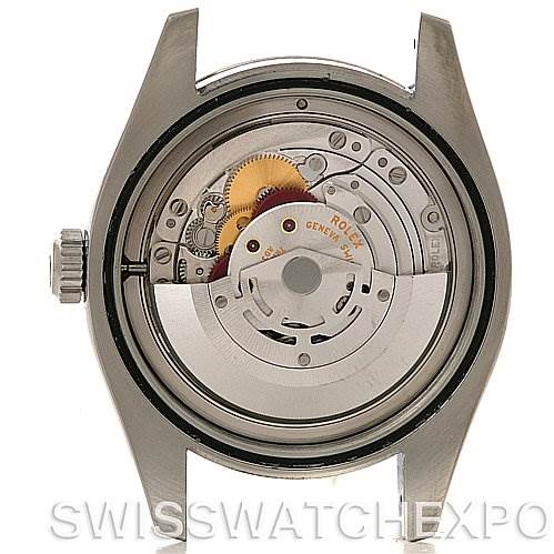 This image shows the inner mechanical movement of a Rolex Milgauss 116400BKSO Men's Stainless Steel Black Dial 116400BKSO Men's Stainless Steel Black Dial watch from a rear angle with the case back removed.