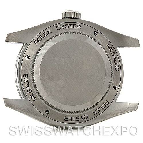 This image shows the back case of a Rolex Milgauss 116400BKSO Men's Stainless Steel Black Dial 116400BKSO Men's Stainless Steel Black Dial watch from a top-down angle.
