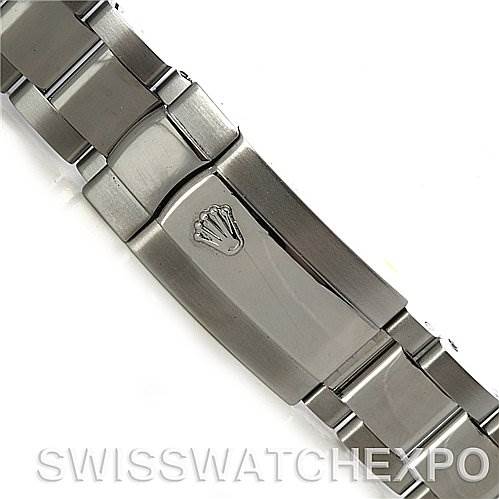 This image shows the clasp and part of the bracelet of a Rolex Milgauss 116400BKSO Men's Stainless Steel Black Dial 116400BKSO Men's Stainless Steel Black Dial watch from a close-up, top-down angle.