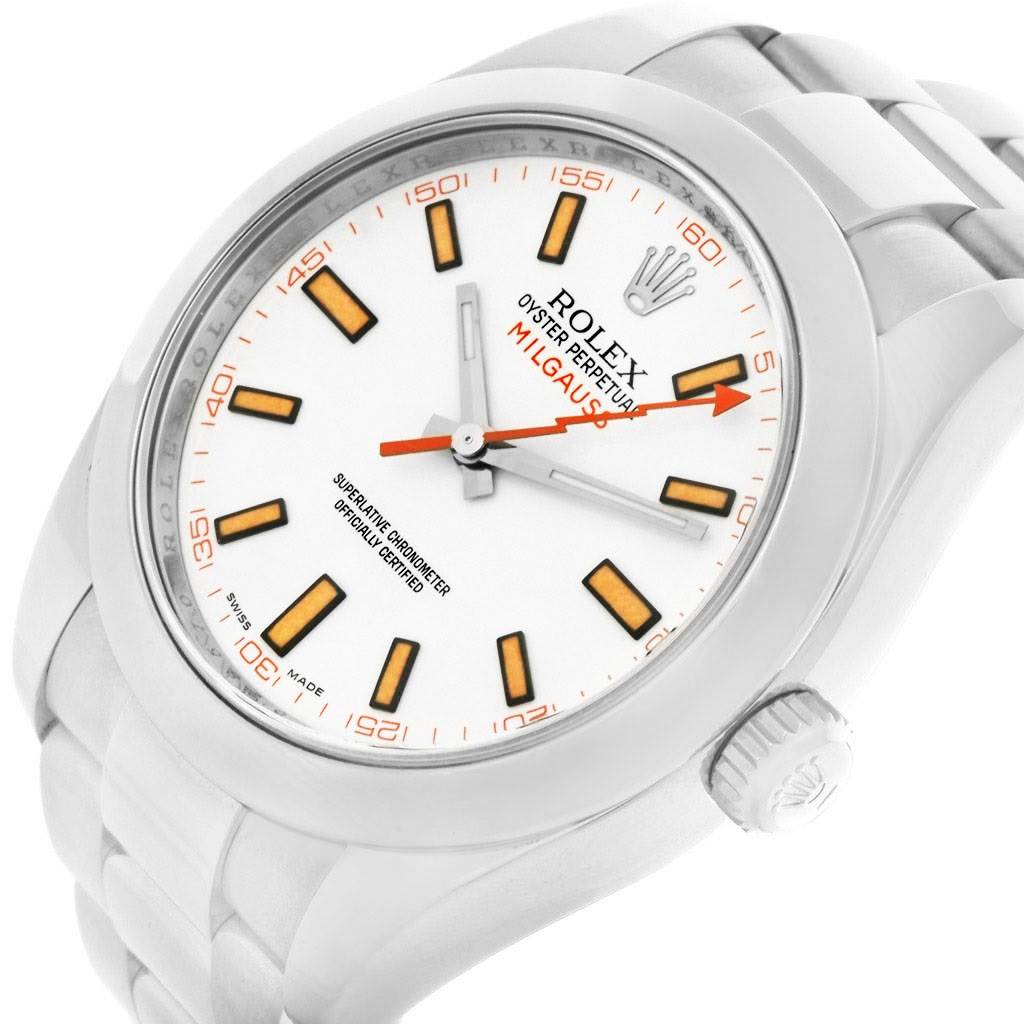 The image shows a Rolex Milgauss 116400WSO Men's Stainless Steel White Dial 116400WSO Men's Stainless Steel White Dial watch from a front angle, highlighting the dial, hands, crown, and part of the bracelet.