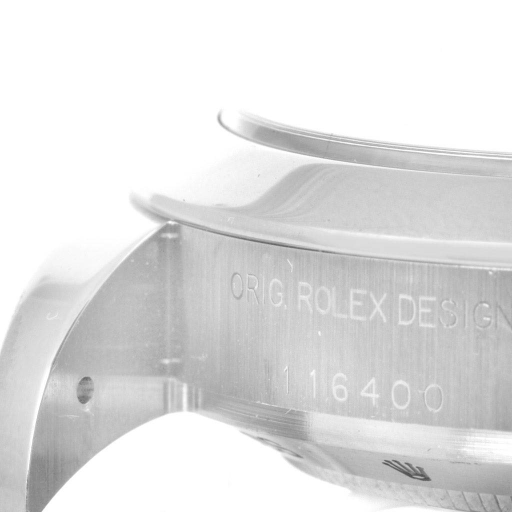 This close-up image shows the side case and part of the bezel of the Rolex Milgauss 116400WSO Men's Stainless Steel White Dial 116400WSO Men's Stainless Steel White Dial watch, including its model number.