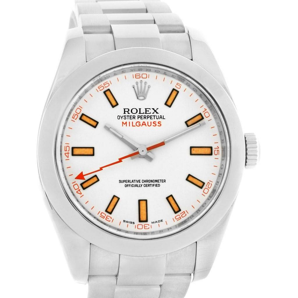 The image shows a front view of a Rolex Milgauss 116400WSO Men's Stainless Steel White Dial 116400WSO Men's Stainless Steel White Dial watch, highlighting the face, bezel, and a portion of the bracelet.
