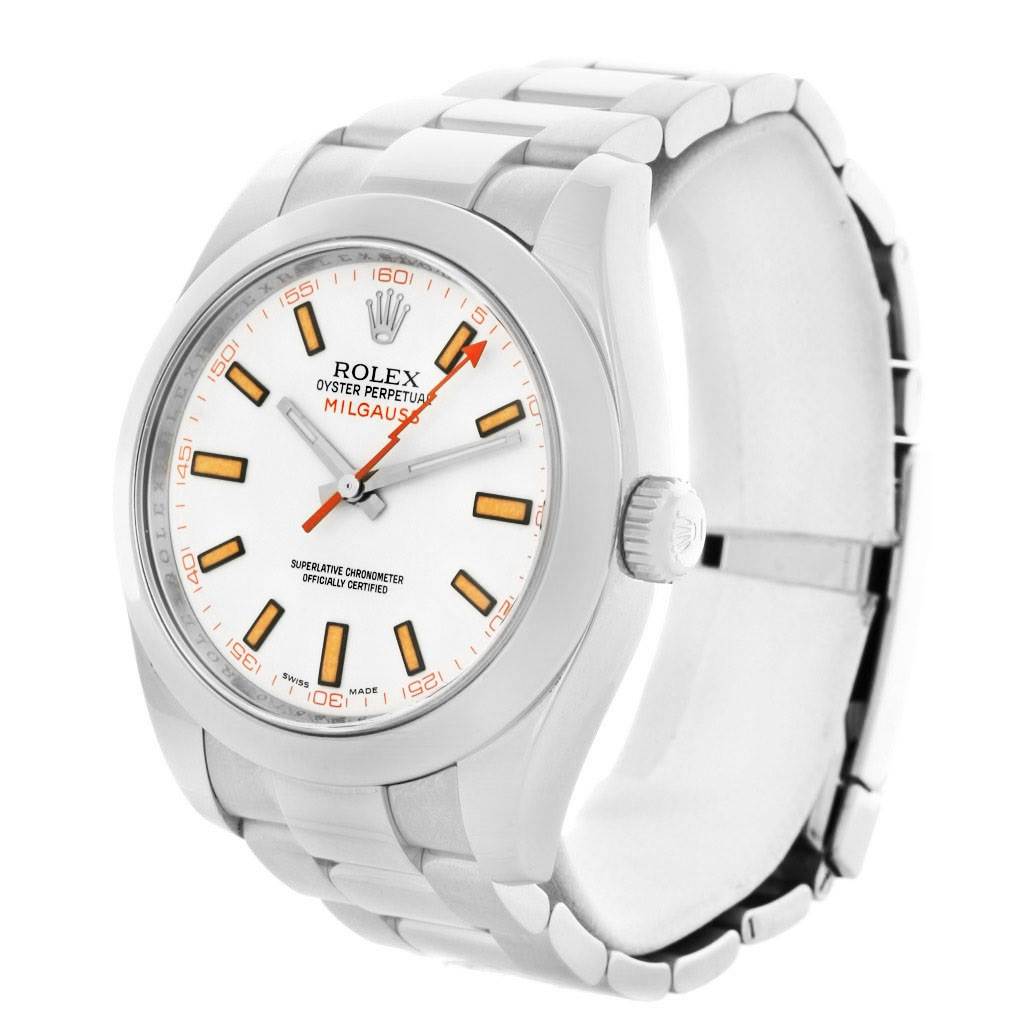 The Rolex Milgauss 116400WSO Men's Stainless Steel White Dial 116400WSO Men's Stainless Steel White Dial watch is shown at an angle displaying the face, side, crown, and part of the bracelet.