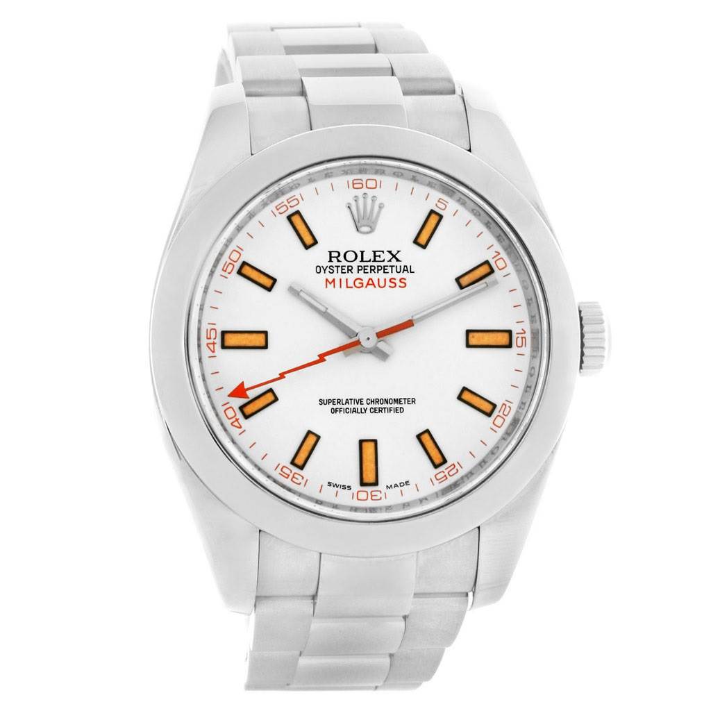 The Rolex Milgauss 116400WSO Men's Stainless Steel White Dial 116400WSO Men's Stainless Steel White Dial watch is shown from the front, highlighting its dial, hands, and bracelet.