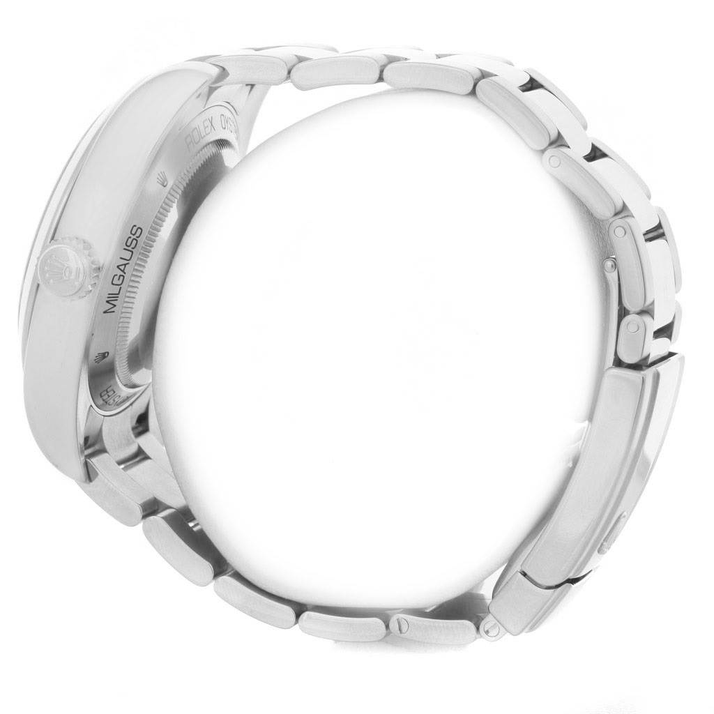 This image shows the side and back of the Rolex Milgauss 116400WSO Men's Stainless Steel White Dial 116400WSO Men's Stainless Steel White Dial watch, highlighting its bracelet and case back.