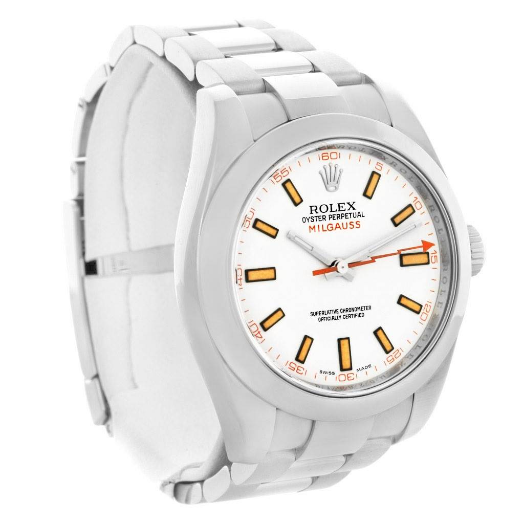 This image shows a Rolex Milgauss 116400WSO Men's Stainless Steel White Dial 116400WSO Men's Stainless Steel White Dial watch at a slight front angle, highlighting the dial, bezel, case, and bracelet.