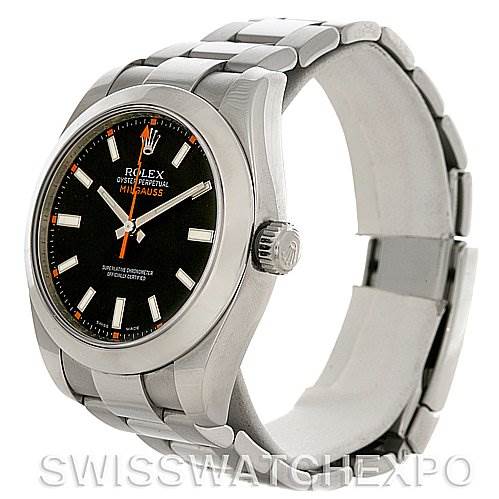The image shows a Rolex Milgauss 116400BKSO Men's Stainless Steel Black Dial 116400BKSO Men's Stainless Steel Black Dial watch at a three-quarter angle, highlighting the face, crown, and metal bracelet.