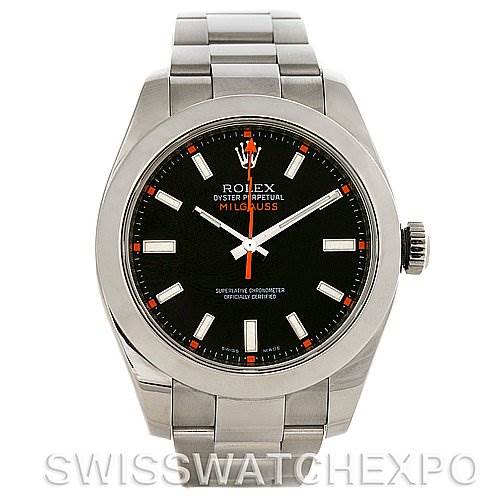 This image shows a front view of a Rolex Milgauss 116400BKSO Men's Stainless Steel Black Dial 116400BKSO Men's Stainless Steel Black Dial watch, highlighting the dial, bezel, case, bracelet, and crown.