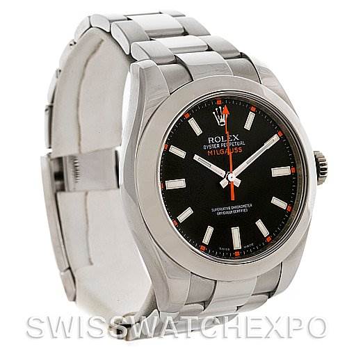 The Rolex Milgauss 116400BKSO Men's Stainless Steel Black Dial 116400BKSO Men's Stainless Steel Black Dial watch is displayed at a slight angle, showing the face, bezel, and bracelet of the model.