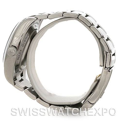 The image shows a side view of the Rolex Milgauss 116400BKSO Men's Stainless Steel Black Dial 116400BKSO Men's Stainless Steel Black Dial watch, highlighting the bracelet, case, and part of the crown.