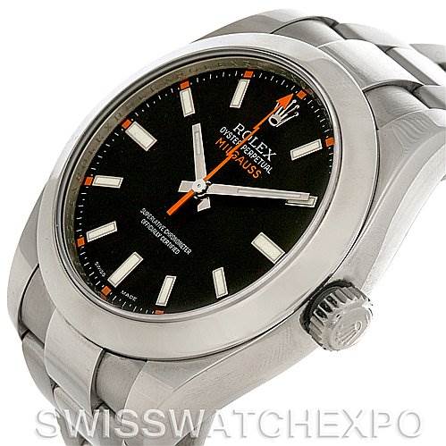 The image shows a close-up angle of a Rolex Milgauss 116400BKSO Men's Stainless Steel Black Dial 116400BKSO Men's Stainless Steel Black Dial watch, focusing on the dial, bezel, crown, and a portion of the bracelet.