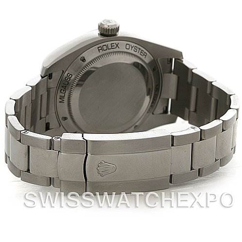 The image shows the back view of the Rolex Milgauss 116400BKSO Men's Stainless Steel Black Dial 116400BKSO Men's Stainless Steel Black Dial watch, highlighting the bracelet and clasp.