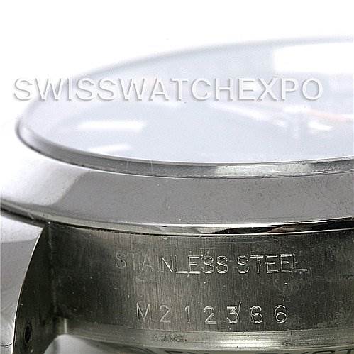 The image shows a close-up side view of a Rolex Milgauss 116400BKSO Men's Stainless Steel Black Dial 116400BKSO Men's Stainless Steel Black Dial watch, focusing on the stainless steel case and the serial number "M212366."