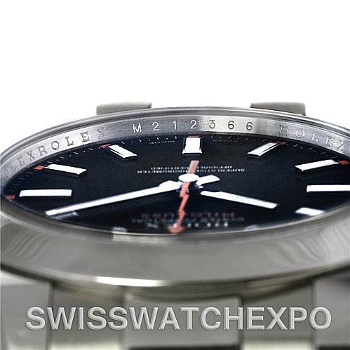 This is a close-up side view of the Rolex Milgauss 116400BKSO Men's Stainless Steel Black Dial 116400BKSO Men's Stainless Steel Black Dial watch, showing the bezel, part of the dial, and the edge of the bracelet.