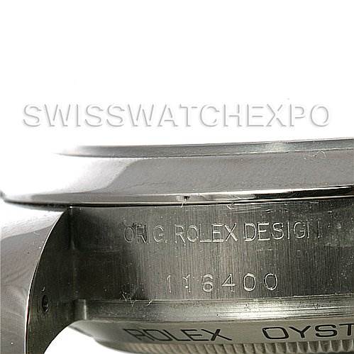 The image shows the side of a Rolex Milgauss 116400BKSO Men's Stainless Steel Black Dial 116400BKSO Men's Stainless Steel Black Dial watch, focusing on the model number and the "ORIG. ROLEX DESIGN" engraving.