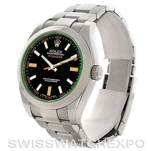 Rolex Milgauss Black Dial Domed Bezel Green Crystal Oyster Bracelet 116400V SwissWatchExpo