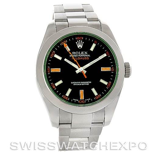 The image shows a front view of a Rolex Milgauss 116400V Men's Stainless Steel Black Dial 116400V Men's Stainless Steel Black Dial watch, highlighting its dial, hands, bezel, and bracelet.