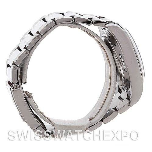 This image shows a Rolex Milgauss 116400BKSO Men's Stainless Steel Black Dial 116400BKSO Men's Stainless Steel Black Dial watch from a profile angle, highlighting the bracelet and side of the case marked "Milgauss."