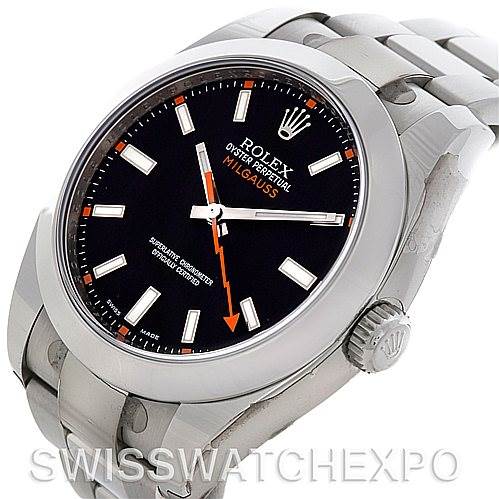 This image shows a Rolex Milgauss 116400BKSO Men's Stainless Steel Black Dial 116400BKSO Men's Stainless Steel Black Dial watch at an angle that highlights the dial, crown, and bracelet.