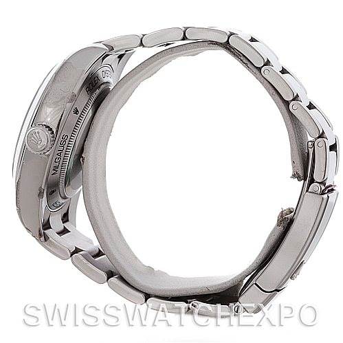 The image shows the side view of the Rolex Milgauss 116400BKSO Men's Stainless Steel Black Dial 116400BKSO Men's Stainless Steel Black Dial watch, focusing on the case, bracelet, and side branding.