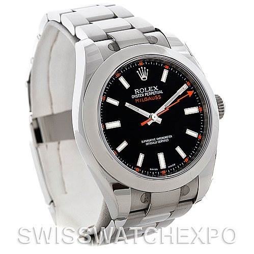 The image shows a Rolex Milgauss 116400BKSO Men's Stainless Steel Black Dial 116400BKSO Men's Stainless Steel Black Dial watch from a tilted angle, highlighting the face, bezel, and part of the bracelet.