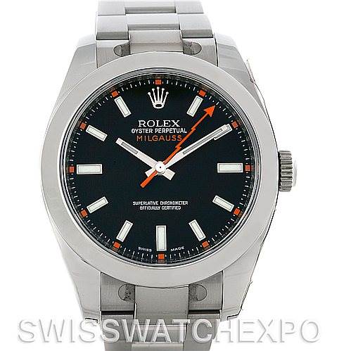 This image shows a front view of the Rolex Milgauss 116400BKSO Men's Stainless Steel Black Dial 116400BKSO Men's Stainless Steel Black Dial watch, displaying the dial and bracelet.