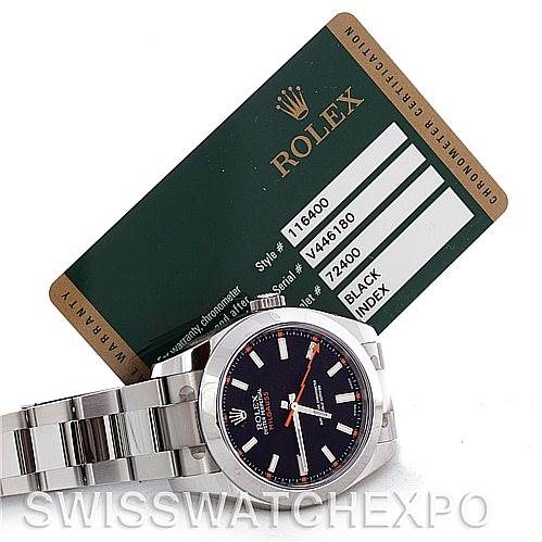 The image shows a Rolex Milgauss 116400BKSO Men's Stainless Steel Black Dial 116400BKSO Men's Stainless Steel Black Dial watch from an angled side view with its certification card above it.